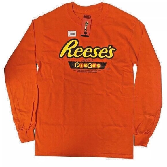 Reese's Pieces Men's T-Shirt - Reeses Peanut Butter Candy Logo Long Sleeve Shirt - Picture 1 of 2